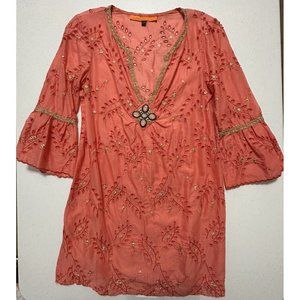 Cynthia Steffe Eyelet Embroidered Tunic Top Coral Gold 3/4 Sleeve Boho Brooch XS